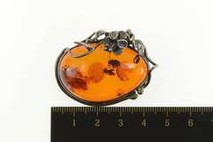 Sterling Silver Ornate Amber Flower Accent Vine Statement Pin/Brooch