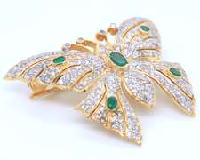 Incredible Yellow Gold oval Emerald and Diamond Butterfly Brooch