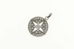 Sterling Silver Round North Star Compass Pave CZ Round Pendant