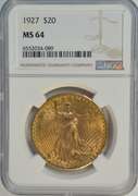 Super Near Gem BU 1927 St. Gaudens $20 Gold. NGC MS64