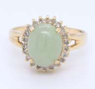 Great Yellow Gold Green Jade and Diamond Halo Ring