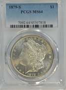 Virtual Gem BU 1879-S Morgan Silver Dollar. PCGS MS64