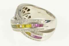 14K White Gold 3.35 Ctw Rainbow Sapphire Diamond X Men's Ring
