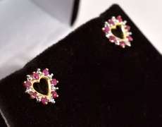 Darling Ruby and Diamond Heart Earrings in Yellow Gold