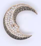 Vintage Sterling Silver Signed Moon Cubic Zirconia and Marcasite Pendant Brooch