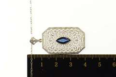 10K White Gold Art Deco Ornate Filigree Syn. Sapphire Necklace