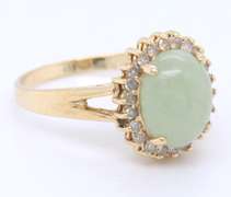 Great Yellow Gold Green Jade and Diamond Halo Ring