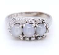 Vintage Sterling Silver Three Moon Stone and Diamond Ring