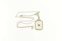 14K White Gold Art Deco Camphor Glass Filigree Diamond Necklace