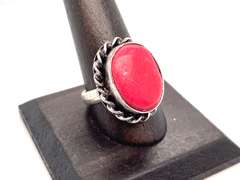 Ovular Red Coral Tibetan Silver Rope Design Ring
