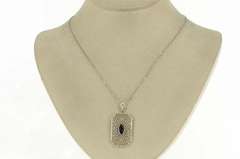 10K White Gold Art Deco Ornate Filigree Syn. Sapphire Necklace