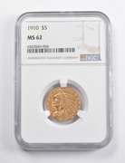 MS62 1910 $5 Indian Head Gold Half Eagle NGC