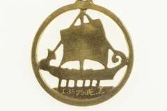 18K Yellow Gold Etched Viking Long Boat Round Retro Charm/Pendant