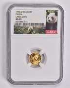 MS69 1990 China 10 Yuan 1/10 Oz. .999 Fine Gold Panda Large Date NGC