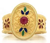 Joys Treasure Ruby Cabochon and Enamel Flower Ring in 14K
