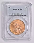 MS64 1922 $20 Saint-Gaudens Gold Double Eagle PCGS
