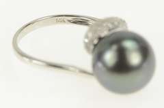 14K White Gold Pave Diamond Tahitian Pearl Bypass Statement Ring