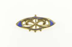 14K Yellow Gold Art Nouveau Blue Enamel Swirl Statement Pin/Brooch