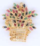 Optimal Yellow Gold Emerald, Ruby, Sapphire and Diamond Flower Basket Brooch