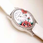 Ed Hardy Classic ladies roses watch with Swarovski crystals and white leather strap