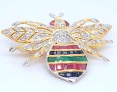 Dynamic Yellow Gold Multi Gemstone and Diamond Bee Brooch