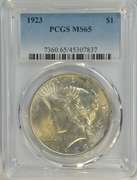 Solid lustrous Gem BU 1923 Peace Silver Dollar. PCGS MS65
