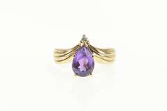 10K Yellow Gold Pear Amethyst Diamond Accent Chevron Ring