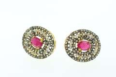 Luscious Ruby Heart Gold Plated Silver Halo Earrings engulfed in Diamonds