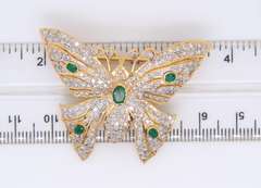 Incredible Yellow Gold oval Emerald and Diamond Butterfly Brooch
