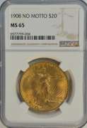 Super NGC MS65 graded 1908 No Motto St. Gaudens $20 Gold
