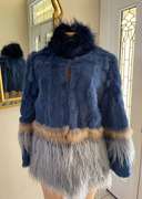 Gorgeous Fur Rabbit and Raccoon Coat Jacket in Blue, Light Brown and Gray Tones, Size L