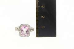 14K White Gold Faceted Pink Topaz Diamond Halo Cocktail Ring