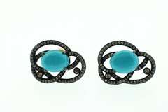 Stunning Diamond Encrusted Dark Silver Looped Earrings with Turquoise Colored Gemstone
