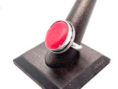 Ovular Red Coral Tibetan Silver Ring
