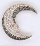 Vintage Sterling Silver Signed Moon Cubic Zirconia and Marcasite Pendant Brooch