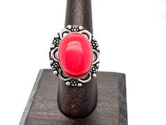 Statement Ovular Red Coral Tibetan Silver Floral Energy Design Ring