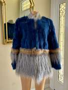 Gorgeous Fur Rabbit and Raccoon Coat Jacket in Blue, Light Brown and Gray Tones, Size L
