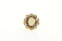 14K Yellow Gold Natural Opal Garnet Halo Ornate Cocktail Ring