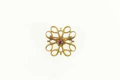 10K Yellow Gold Retro Swirl Filigree Square Syn. Ruby Pin/Brooch