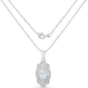 Plated Rhodium Aquamarine and White Topaz Pendant with Chain