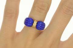 14K Yellow Gold 1950's Carved Lapis Lazuli Diamond Bow Ring