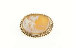 10K Yellow Gold Carved Farmhouse Scene Oval Cameo Pendant/Pin