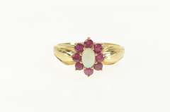 14K Yellow Gold Natural Opal Ruby Halo Unique Statement Ring