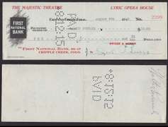 The Majestic Theatre Cripple Creek Co. Lyric Opera House Check. 1915