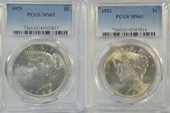 Choice BU 1923 & 1925 Peace Silver Dollars. PCGS MS63
