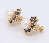 Elegant Yellow Gold Pearl Studs with Sapphire Earring Jackets
