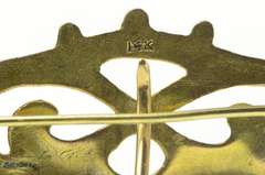 14K Yellow Gold Art Nouveau Blue Enamel Swirl Statement Pin/Brooch