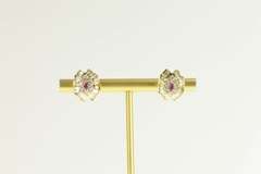 14K Yellow Gold 2.10 Ctw Ruby Diamond Ballerina Halo Stud Earrings