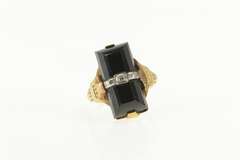 10K Yellow Gold Art Deco Black Onyx Diamond Ornate Statement Ring