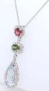 Charming White Gold Turmaline, Aquamarine and Diamond Pendant on Chain